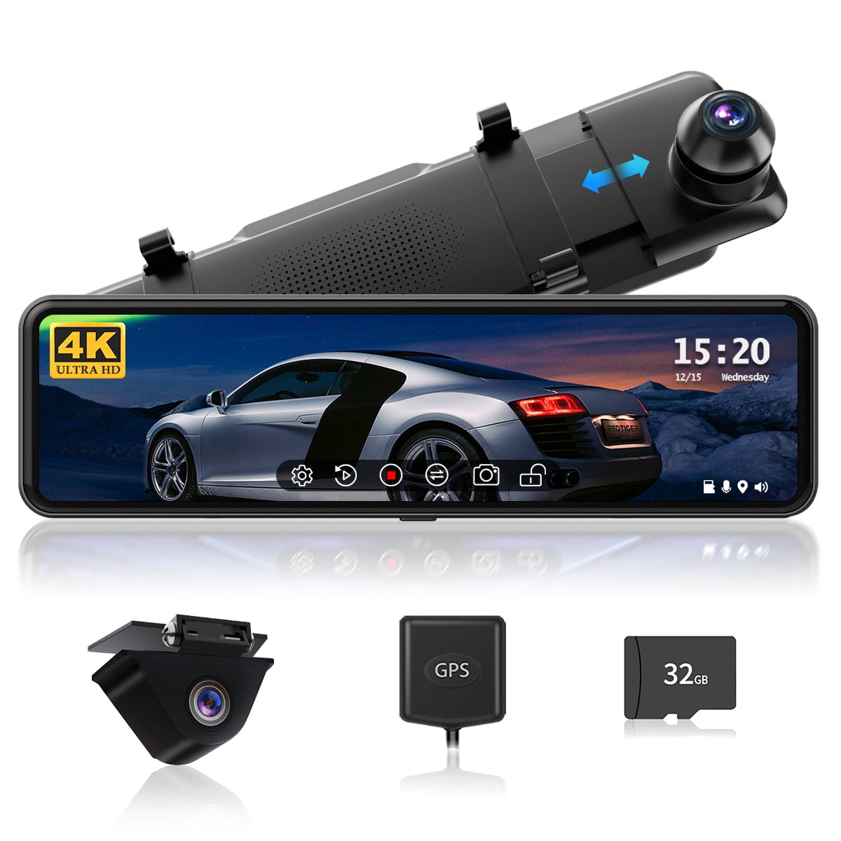 REDTIGER Behind Sight Mirror Dashcam, 4K UHD Front and 1080P Behind 11'' Mirror , Low light Vision, Smart Reverse Parking Assistance, Vehicle, Free 32 GB Card