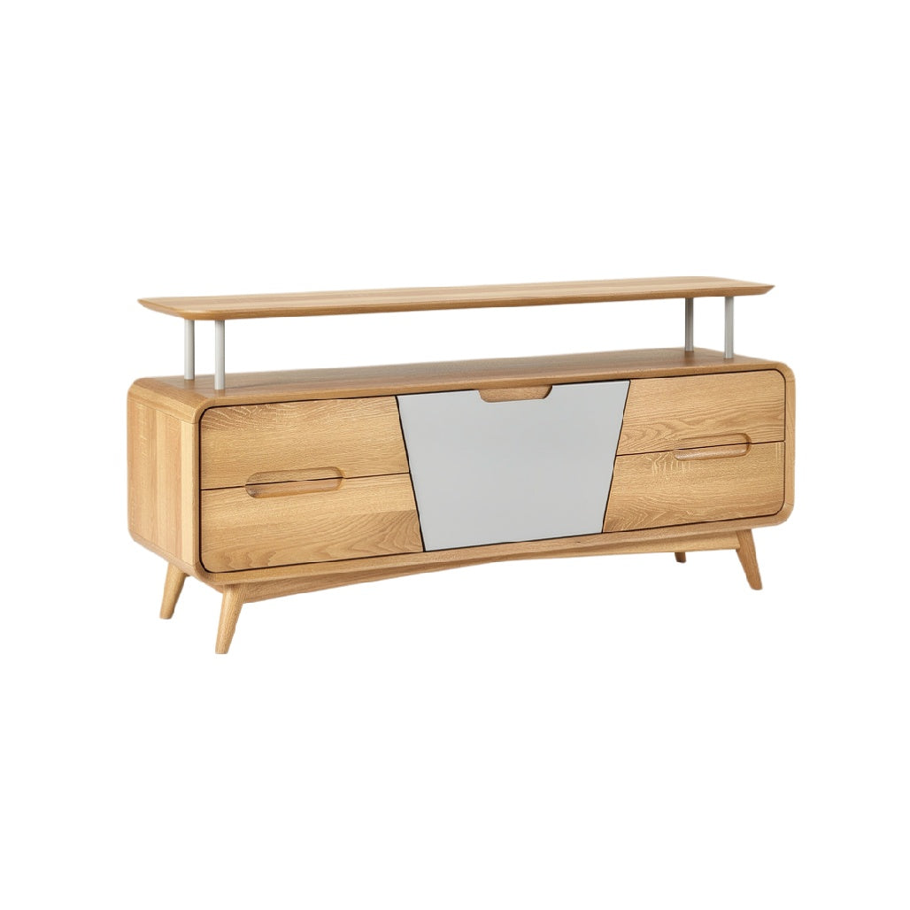 Modern Minimalist Wooden TV Cabinet with Sliding Mirror Door and Open Shelf