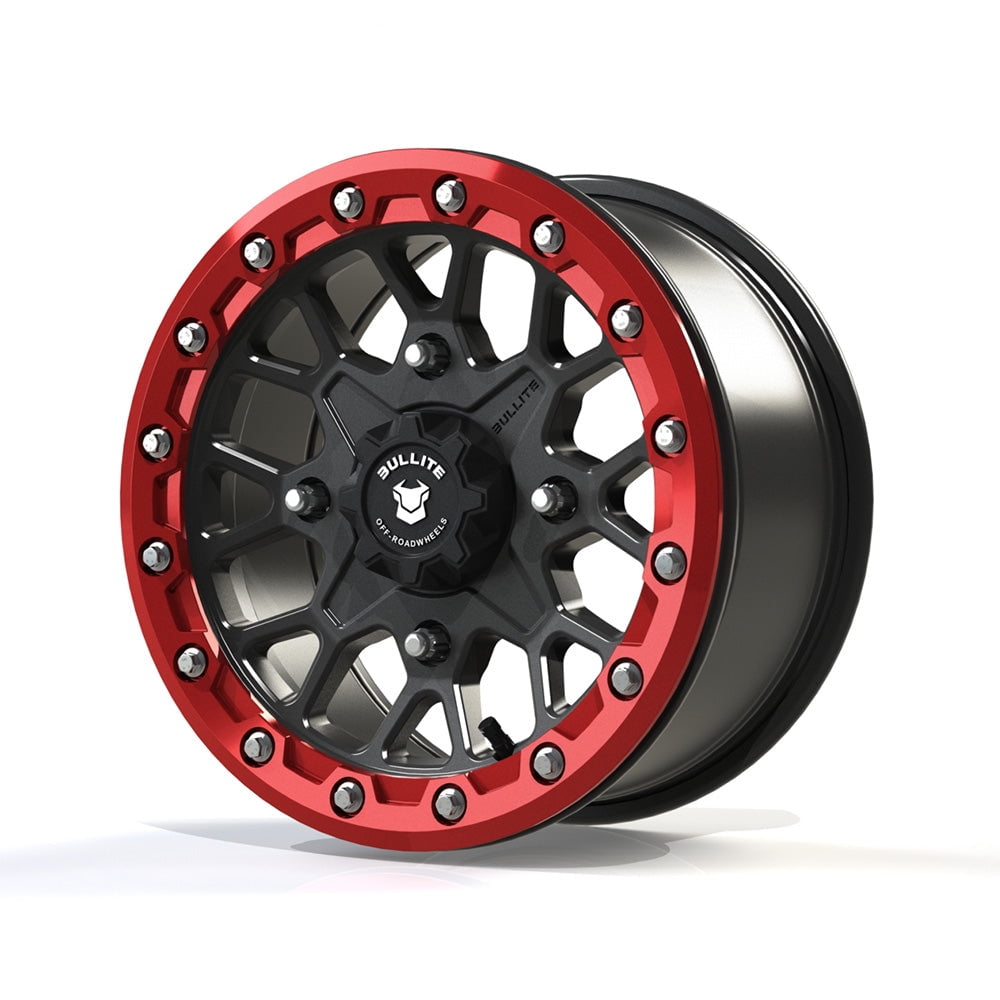 Bullite Wheels BT-05 Rider UTV ATV SXS Beadlock Rims Gunmetal Gray and Red 14 | 4x137 | 5+2 Offset | Can-Am Maverick X3 Commander Renegade Outlander Defender (14 )