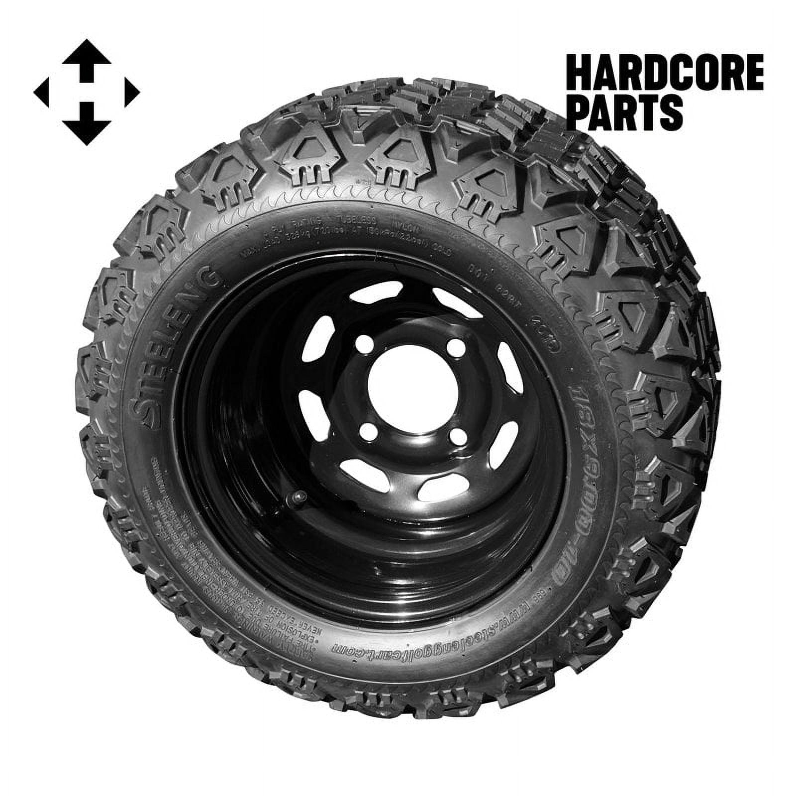 Hardcore Parts 10 Black Steel Golf Cart Wheels and 18 x9 -10 DOT rated All-Terrain tires - Set of 4