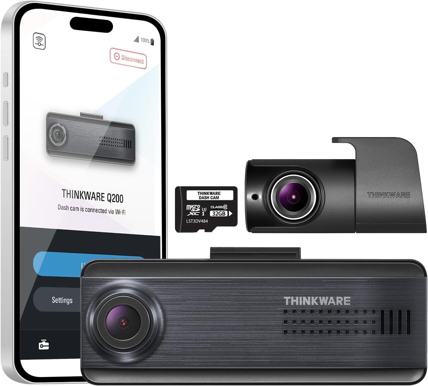 Thinkware Q200 2CH Front Behind 2K Vehicle Dashboard Camera, WiFi, WDR, Speed Red Light Alerts, ADAS, 256GB Max, Parking Monitor, Low light Vision (32GB, Hardwiring Cable, GPS)