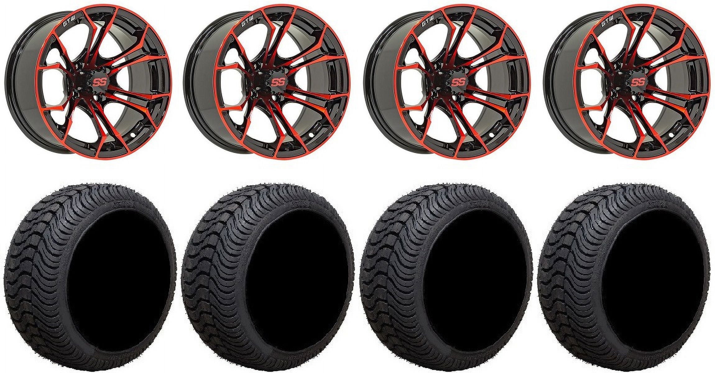 GTW Spyder 14 Golf Cart Wheels Red 205x30 Cruze Tires E-Z-GO & Club Vehicle