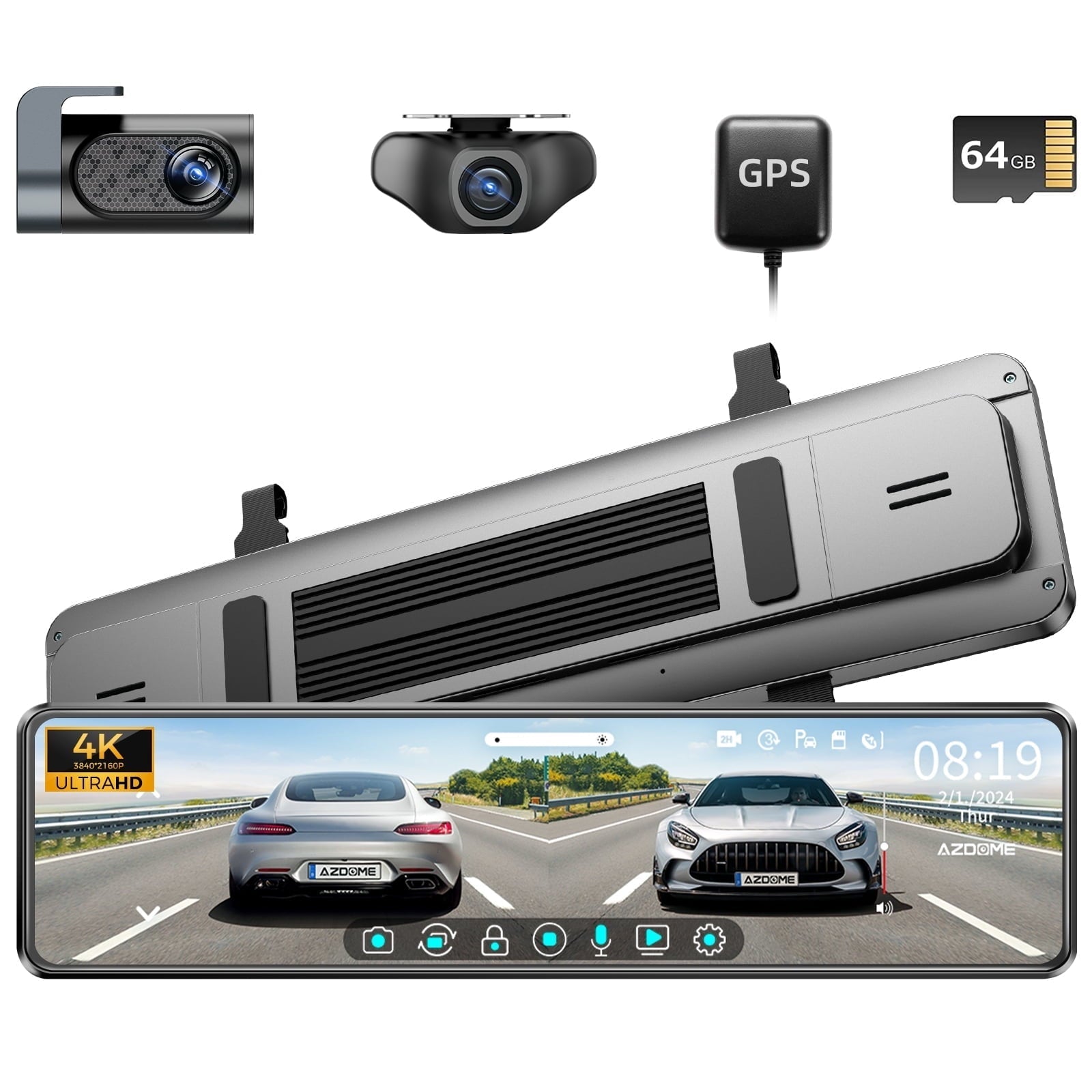 AZDOME Behind Sight Mirror , 12 4K Mirror Car Recorder with Sony IMX335, WDR Dark Vision, GPS, IPS Full Touch Split Screen, Free 64GB Card, Parking Assistance PG18S