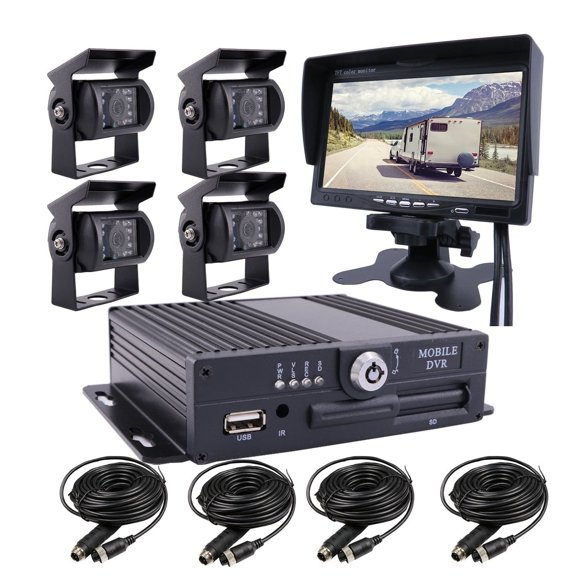 JOINLGO 4 Channel 256GB 1080P AHD HD Mobile Vehicle Vehicle DVR MDVR Video Recorder Kit with 4pcs Waterproof Side Behind Perspective Backup Dark Vision Metal IR 2.0MP Vehicle Recorder 7 HD Vehicle Screen